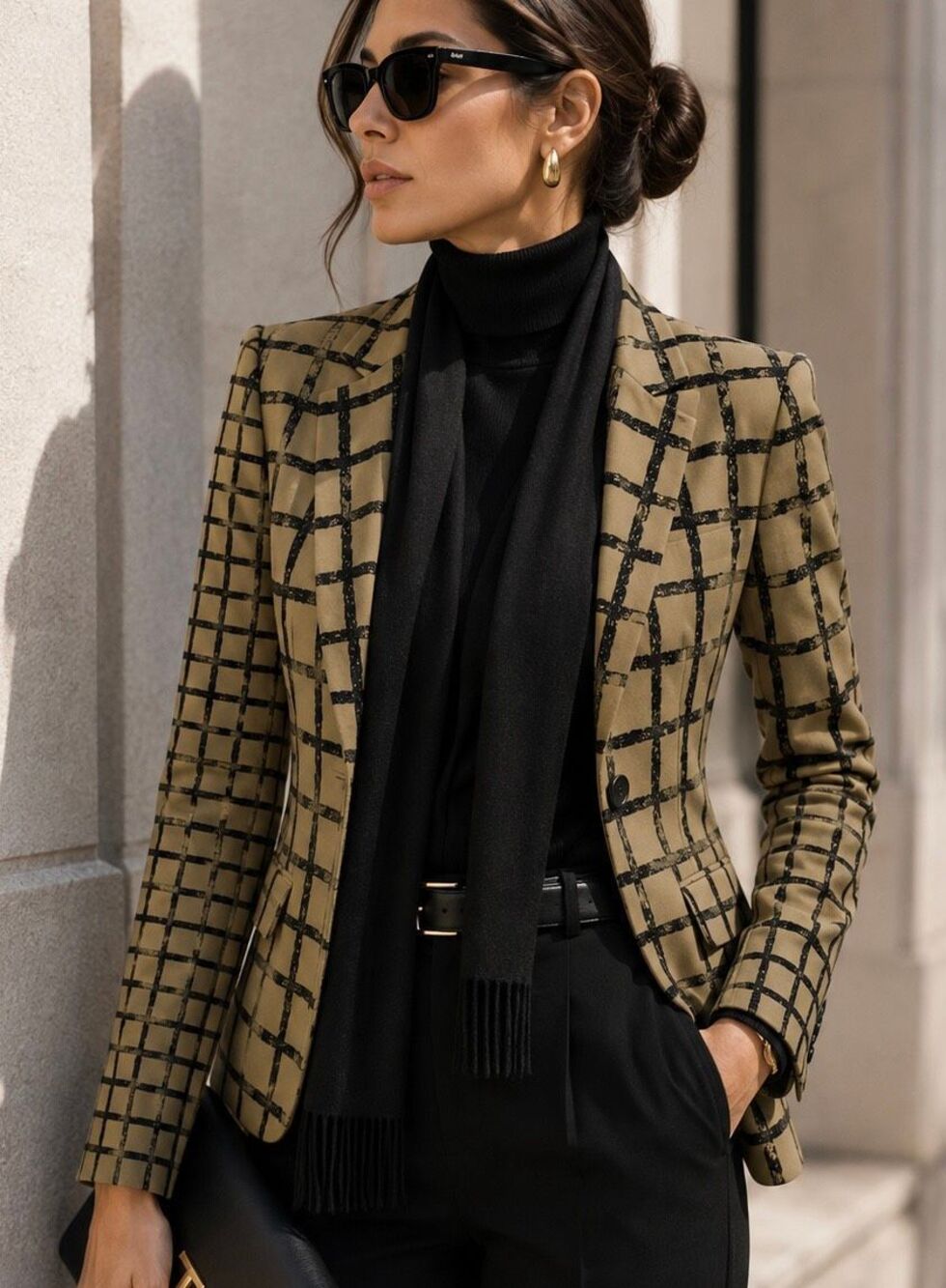 Rag & Bone Sz 2 Windowpane Plaid Blazer Made in USA Silk Blend Lined Black Khaki